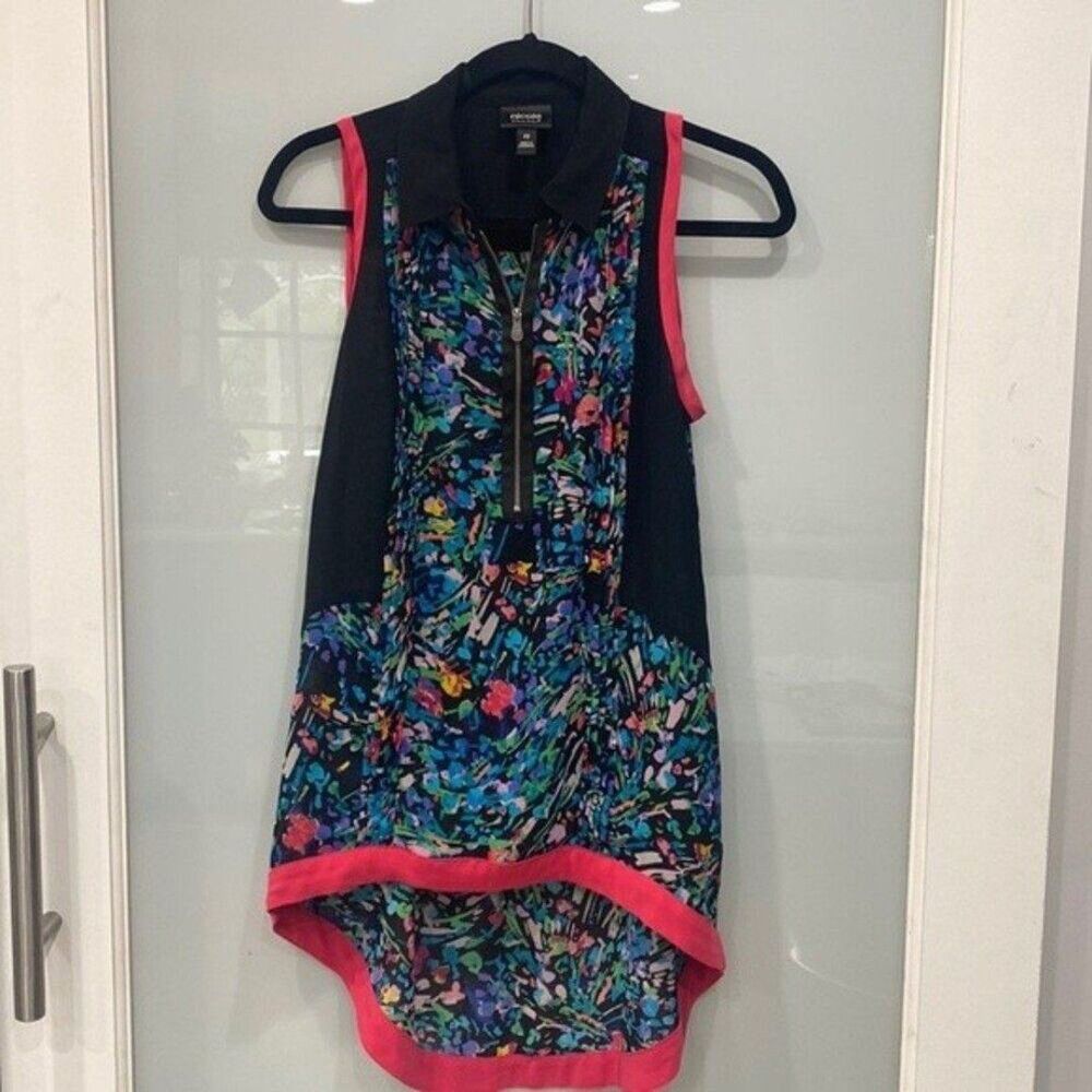 Nicole by Nicole Miller Black Multicolor Print Short Sleeve High Low Blouse XS